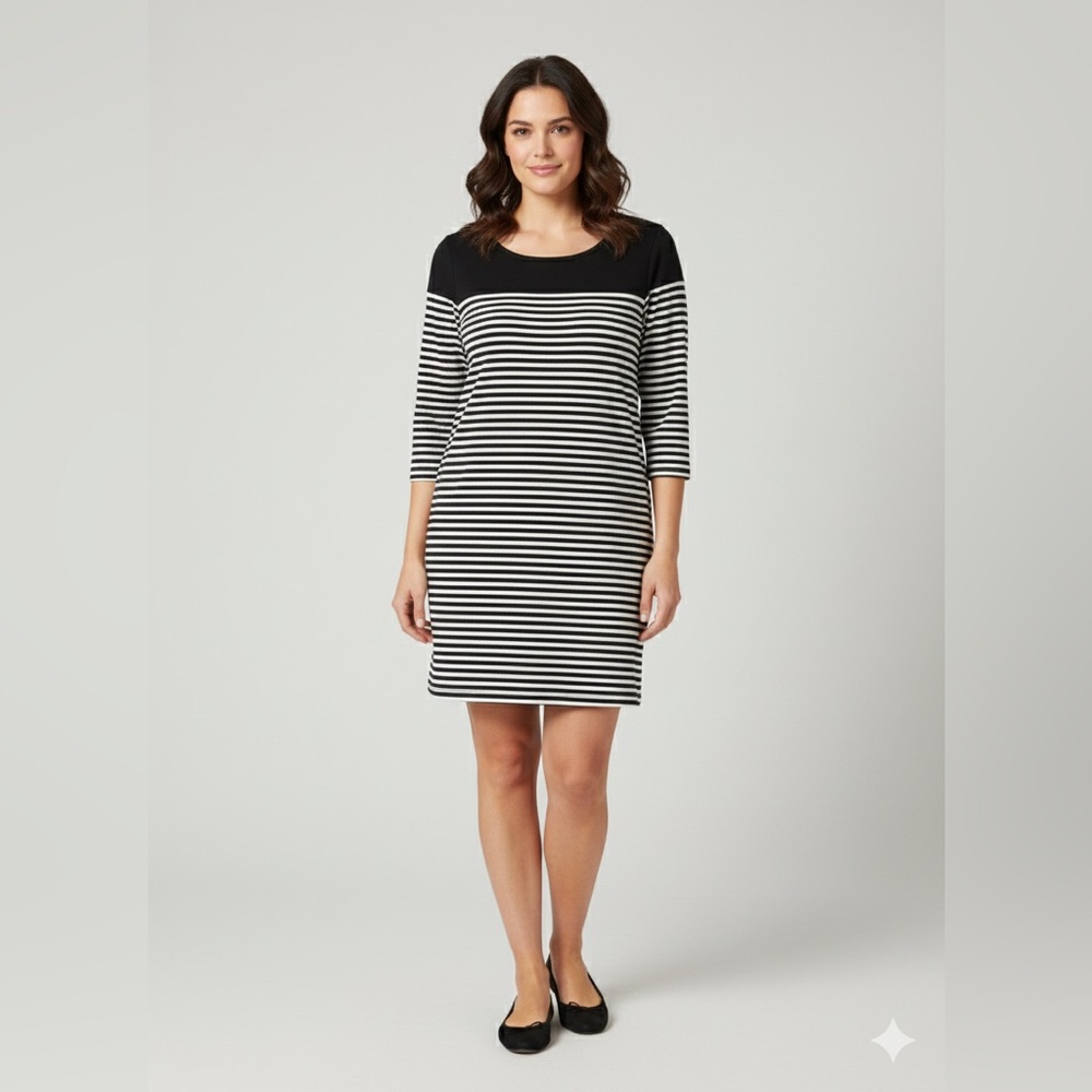 SOFT JOIE Black & White Striped Cotton 3/4 Sleeve Dress Womens L Classic Office